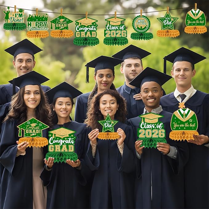 8 Pieces Class of 2026 Graduation Table Decorations - 2026 Congrats Grad Honeycomb Centerpieces, Green and Gold Table Toppers Decor for 2026 Graduation Party Decorations Favor Supplies