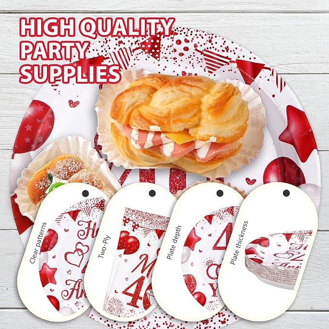 96Pcs 40th Wedding Anniversary Party Supplies Red Happy 40th Anniversary Plates and Napkins Ruby 40 Years Tableware Set for Men Women 40 Years Wedding Anniversaries Party Decorations Serves 24