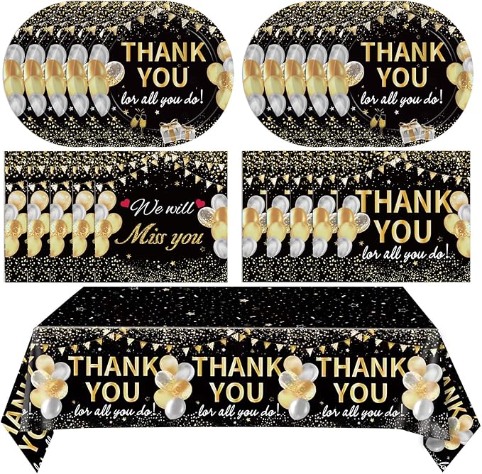 41Pcs Black Gold Thank You Decorations Thank You for All You Do Tableware Disposable Paper Plates Napkins Tablecloth丨Teacher Employee Staff Doctors Nurse Pastor Appreciation Week Party Decor