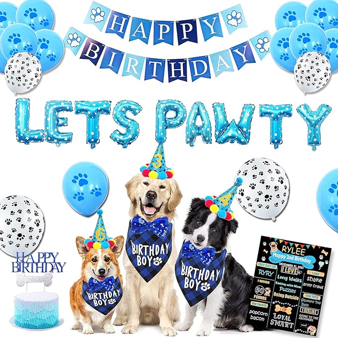 Dog Birthday Party Supplies, Blue Dog Birthday Decorations, Lets Pawty Balloons Banner, Dog Baday Bandana Hat Scarfs