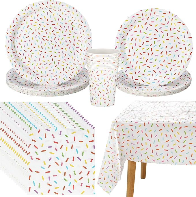 97 Pcs Confetti Sprinkles Tableware Set Include Plastic Tablecloth 24 Paper Napkins 24 Large Plates 24 Small Plates 24 Paper Cups for Sprinkle Party Decorations Wedding Birthday Supplies