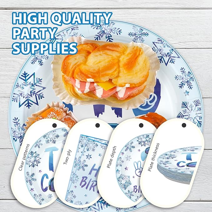 96Pcs Winter 2nd Birthday Decorations Two Cool Plates and Napkins Snowflake Ski Theme Birthday Decoration Favors for Kids Boy Winter Wonderland Frozen Theme Two Years Old Bday Party Supplies Serves 24