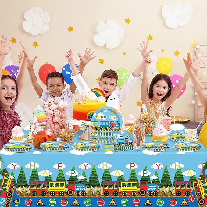 61 Pcs Train Birthday Decorations Chugga Choo Party Tableware Set Cartoon Car Plates Napkins and Tablecloth Transportation Themed Supplies for Birthday Parties Family Gathering Dinner Serve 20 Guests