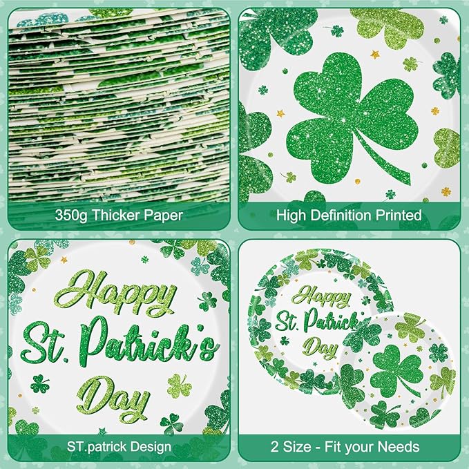 24 Pcs Happy St Patricks Day Plates Set - Disposable Green Shamrock Paper Plate, Irish Round Dinner Dessert Plate Dinnerware Kit for St Patrick's Day Party Decorations Supplies Table Decor