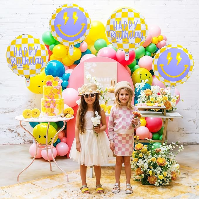 18 Inch Smile Face Birthday Foil Balloons, Yellow White Checkered Smile Face with Lightning Eyes Mylar Helium Round Balloon for Teen Boys Girls One Happy Great Dude Birthday Preppy Party Decorations