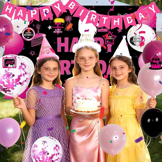 Pink and Black Birthday Decorations for Women Girls, 48Pcs Pink Party Decorations with Happy Birthday Banner Backdrop Tablecloth, Hot Pink Birthday Party Supplies with Balloons Pendants