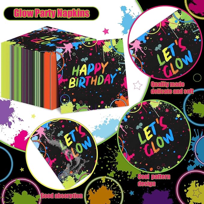 100Pcs Let’s Glow Party Napkins, 13 x 13 Inches Glow in The Dark Paper Napkins, Black Light Neon Paint Party Napkins for Lets Glow Crazy Party Neon Fluorescent Birthday Party Decorations