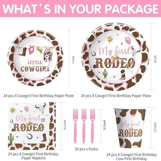 Western Cowgirl 1st Birthday Decorations Tableware, Wild West My First Rodeo Birthday Party Supplies Girl, Paper Plate, Cup, Napkin, Disposable Fork, Serves 24