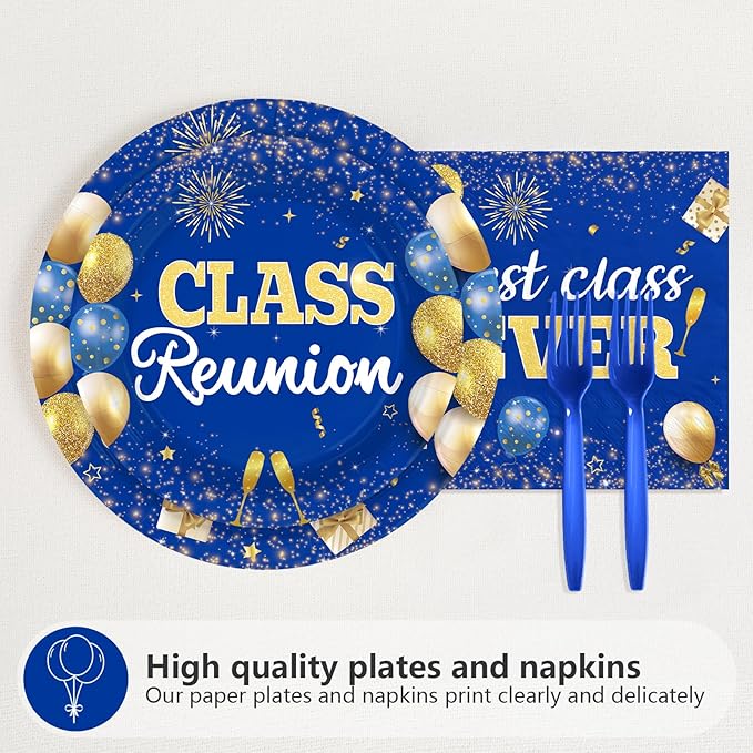 96Pcs 40th Class Reunion Decorations Happy 40th Anniversary Plates and Napkins Blue Gold Welcome Back Tableware Set for Class Reunion Welcome Back 40 Years Classmate Party Supplies Serves 24