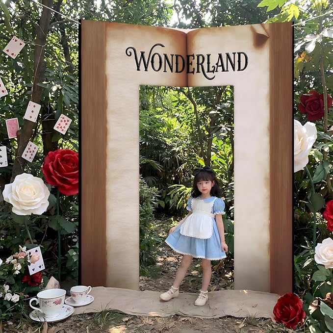 Preboun Wonderland Tea Party Decoration 6.56 x 7.22 ft Magic Book Door Banner Fairy Tale Themed Curtain Photo Props Background for Birthday Baby Shower Tea Party Supplies