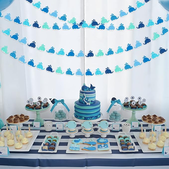 WATINC 4pcs Whale Felt Garland Under the Sea Party Decorations, Blue Fish Hanging Bunting Ornament, Summer Ocean Fishing Themed Party Banner Supplies, Baby Shower Birthday Decor for Wall Backdrop