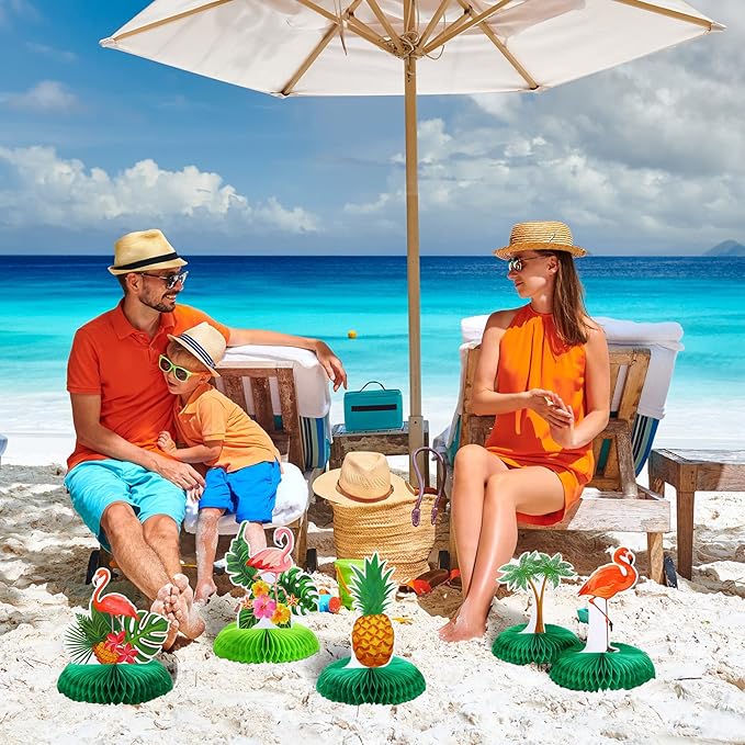 Honoson 9 Pcs Hawaiian Luau Aloha Party Decorations Summer Tropical Honeycomb Centerpieces Table Topper Flamingo Pineapple Palm Tree Table Centerpieces for Party Kids Birthday Beach Hawaii Supplies