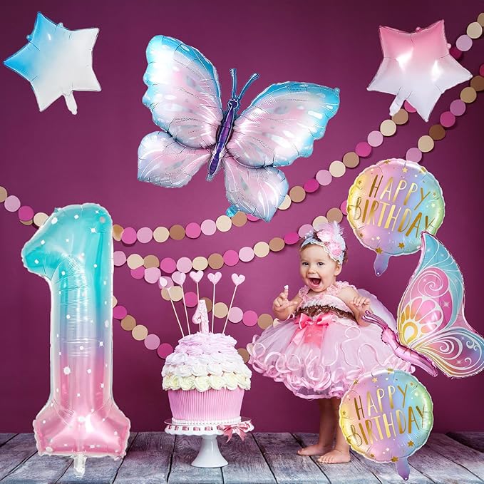Butterfly Birthday Decorations, Butterfly Balloons, 1st Birthday Party Decorations for Girls, Fantasy Numbers 1 Foil Balloon for Princess Girl Aluminum Film Balloons Party Decor Supplies