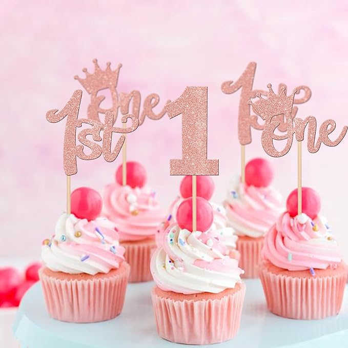 24 PCS One Cupcake Toppers Glitter 1st Birthday Cupcake Picks First Birthday Crown Wild One Cupcake Decoration for Baby Shower 1st Birthday Boho Theme Party Cake Decorations Supplies Rose Gold