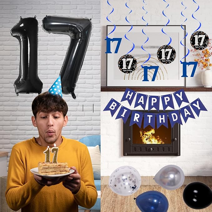 17th Birthday Decorations for Boys and Girls Dark Blue, 17 Birthday Decorations with HAPPY BIRTHDAY Banner 17 Balloon Number Tablecloth Foil Star Balloons Garland Arch Kit-17 Year Old Party Supplies