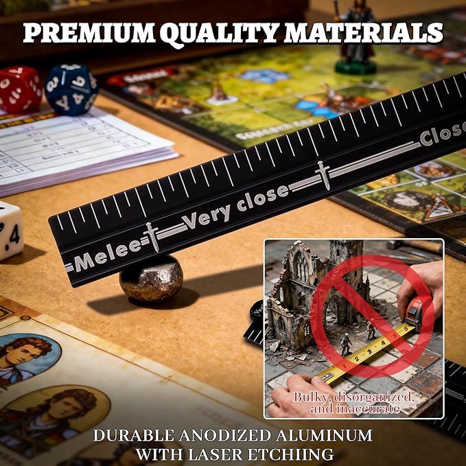 Tabletop RPG Range Ruler – Foldable Aluminum Combat Measuring Tool for Daggerheart & Wargames | 13 Inch Distance Bar with Pencil Set | GM Tool & Gift for Gamers