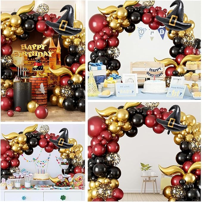 Balloon Garland Arch Kit – Burgundy Black Gold Balloons with Bonus DIY Hat and Wings for Baby Shower Anniversary Graduation Party Supplies