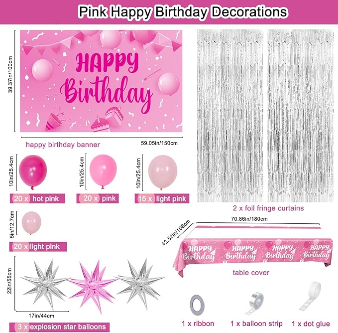Hot Pink Birthday Decorations for Women Girls, 85pcs Happy Birthday Decor Silver Party Decoration Foil Star Balloons Curtains Banner Tablecloth Light Pink Party Supplies 13th 16th 18th 21st