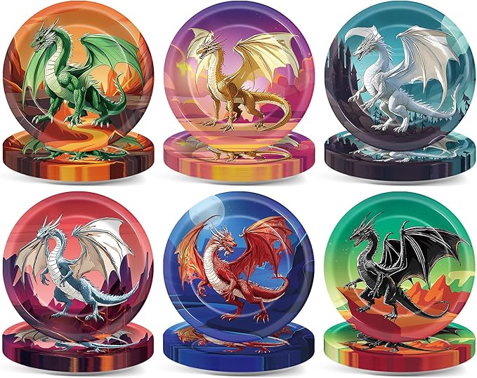 60pcs Dragon Birthday Party Paper Plates for Dragons Knight Party Decorations 7in Fantasy Dinosaur Disposable Dessert Plates for Baby Shower Boys Birthday Dragon Themed Parties Supplies