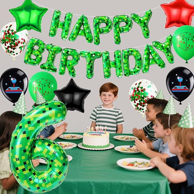 40in Pixel Number 6 Balloon Birthday Decorations, Miner Theme Foil Balloons banner Blast Gaming Party Supplies