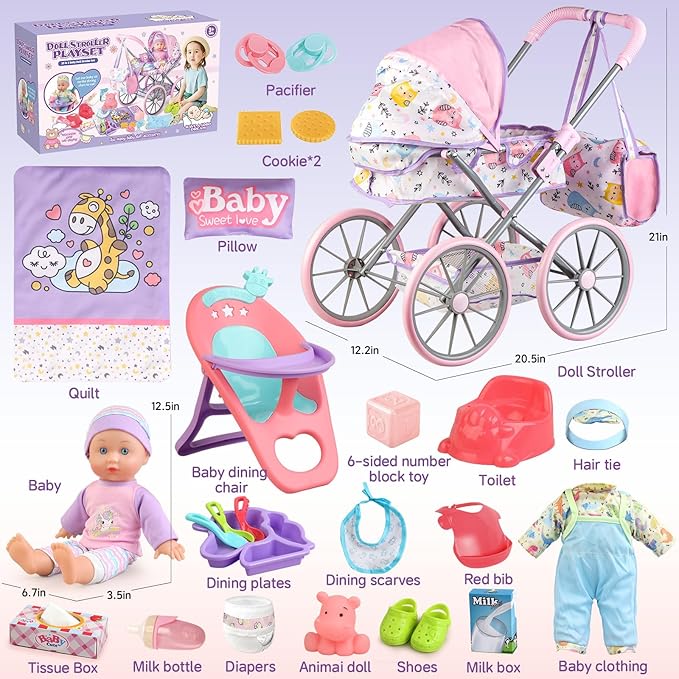 Baby Doll Stroller Playset for Girls Toddlers 3-5 4-6 5-7 Year Old to Play House Games. Stroller Toy with 12.5" Baby Doll, Dining Chair, Quilt Pillow, 24 PCS Doll Accessories and 2 Sets Clothes.