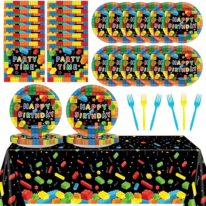 gisgfim Building Blocks Birthday Party Supplies Paper Plates Napkins Colorful Building Block Party Tableware Set for Boys Kids Birthday Decorations Includes Plates, Napkins, Tablecloths Serves 20