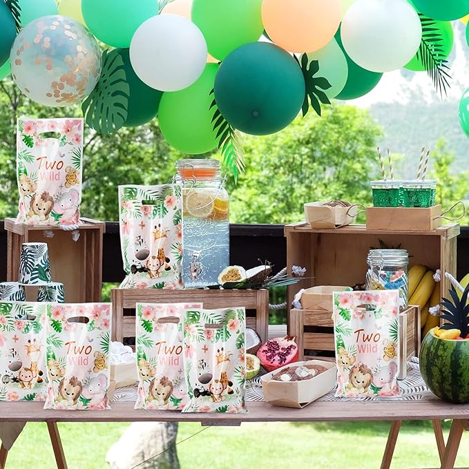 Two Wild Party Favor Bags - 50Pcs Jungle Safari Animals Goody Candy Treat Gifts Bags, Jungle Safari Themed Party Decorations for Kids Girls Boys Birthday Baby Shower Animal Theme Events Supplies
