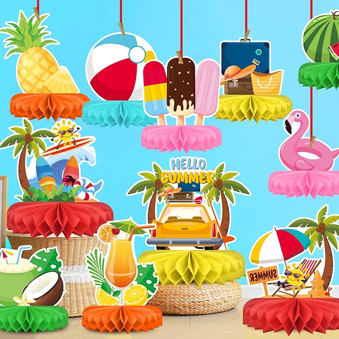 Beach Party Decorations Kit - Beach Themed Honeycomb Centerpieces and Table Decor for Summer & Pool Party Decorations