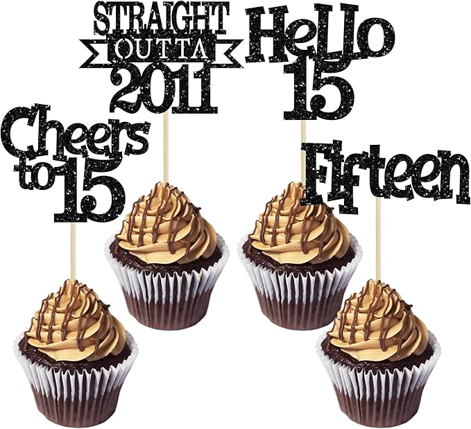 Ephlyn 24Pcs 15th Birthday Cupcake Toppers Glitter Straight Outta 2011 Cupcake Picks Hello 15 Cheers to 15 Years Cake Decorations for 15th Birthday Anniversary Party Decorations Supplies Black