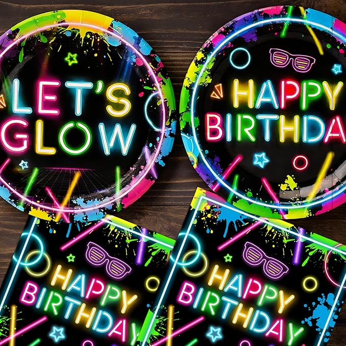 40 Pcs Neon Plates and Napkins Tableware Sets for Neon Party Decorations, Birthday Decorations Which Can Serve 20