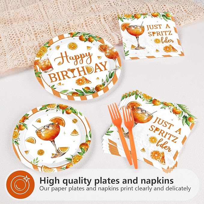 96 Pcs Spritz Birthday Party Decorations Just a Spritz Older Paper Plates and Napkins Orange Citrus Tableware Set for Boys Girls Birthday Cocktail Party Supplies