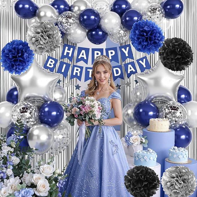 Blue and Silver Birthday Decorations for Men Boys, Navy Royal Blue Silver Party Balloons Happy Birthday Banner Pom Poms Fringe Curtain for Bday Party Supplies
