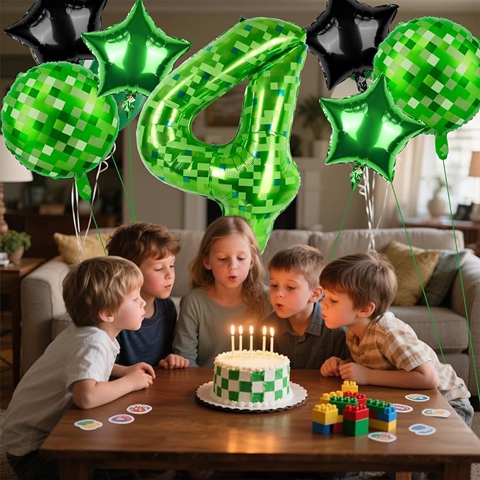 40 Inch Green Pixel Themed Number 4 Balloon Set Foil Balloon for Girls & Boys Birthday Party Decorations, Party Supplies & Favors (Number 4)