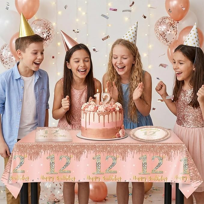 41Pcs 12th Birthday Decorations for Girls Rose Gold 12th Birthday Party Plates and Napkins,Tablecloth Happy 12 Years Birthday Party Tableware Set for 12 Year Old Girls Teenager Party Favor Supplies