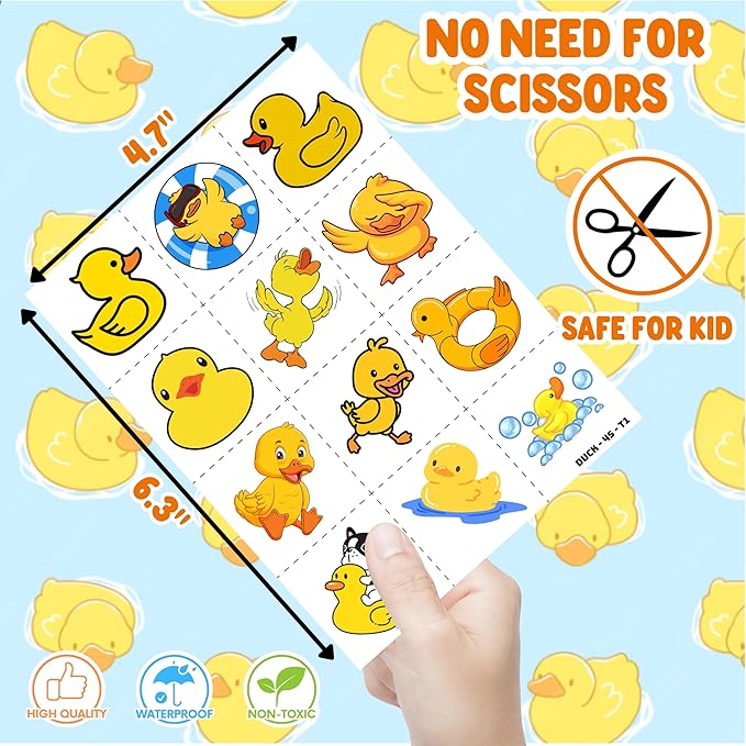 72PCS Duck Party Favors - 48PCS Pre-cut Temporary Tattoos & 24PCS Slap Bracelets - Cute Birthday Party Supplies, Decorations, Baby Shower Gifts, Classroom Prizes, and Rewards for Boys & Girls