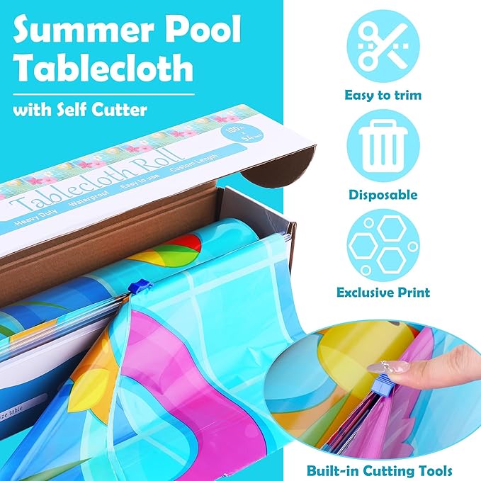 Kochorie Swimming Pool Plastic Tablecloth Roll 100 Ft x 54 Inch Pool Party Table Cover Roll with Cutter Box Summer Themed Ocean Backdrop for Summer Beach Pool Ocean Party Supplies