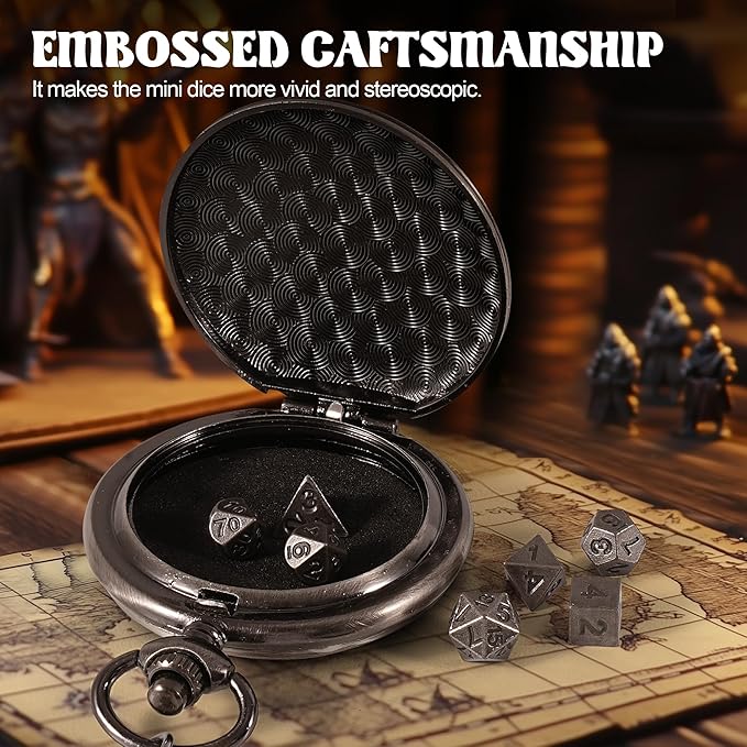 D&D Dice Set,7PCS Metal Dice for Dungeons and Dragons,Mini Dice Set with Pocket Watch Case,Role Playing Board Games Accessories (DM, Ancient Silver)