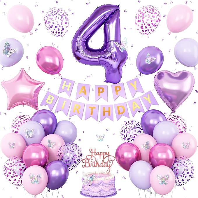 4th Pink Purple Birthday Decorations,Pink Purple 4th Birthday Balloons for Girls Lavender Party Decor Banner Number 4 Balloons Cake Topper Butterfly Party Decorations for 4 Year Old Girls