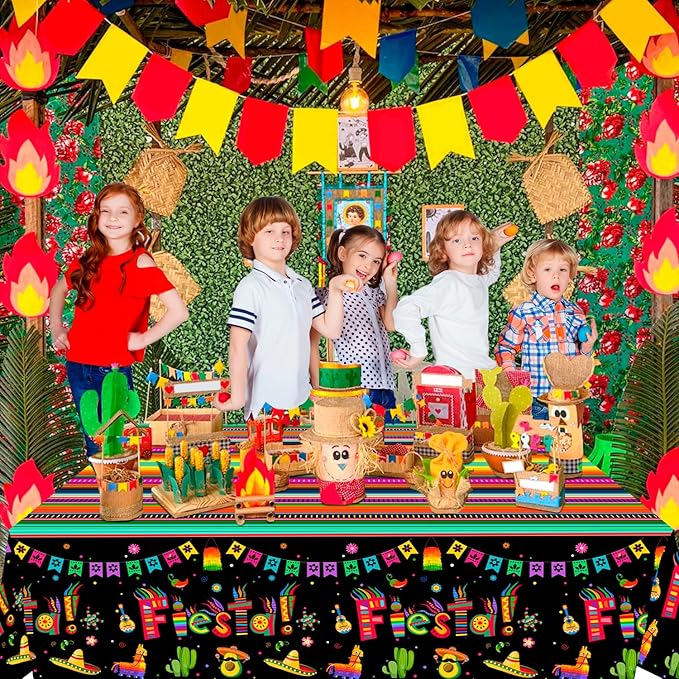 Mexican Fiesta Party Tablecloth Set, 3pcs, 107.8''x54'', Multicolored, Striped with Letters, Cinco de Mayo, Mexican Themed Birthday Party Decorations