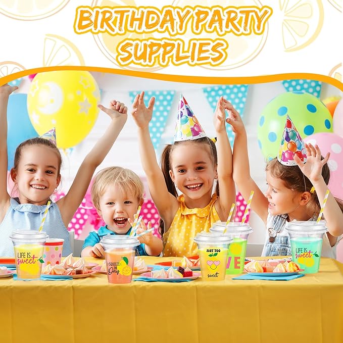 Boao 36 Sets Lemon Plastic Cups with Lids and Paper Straws 14 oz Yellow Lemon Birthday Party Supplies Beverage Drinking Cups Bulk for Summer Citrus Fruit Party Birthday Baby Shower