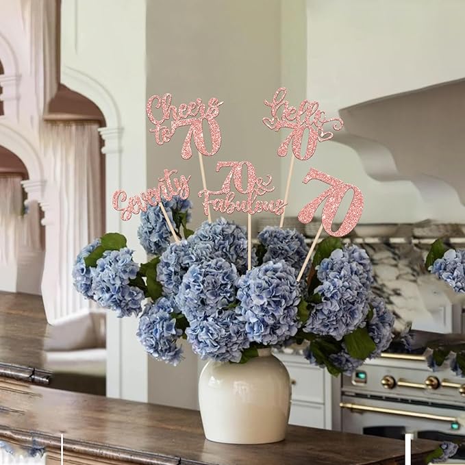 15PCS Happy 70th Birthday Centerpiece Sticks Seventy Hello 70 Cheers to 70 Table Flower Centerpieces Sticks 70 Fabulous Floral Decorations for Happy 70th Birthday Party Centerpieces Supplies Rose Gold