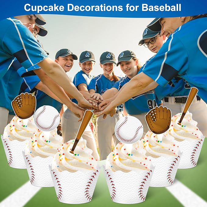 Nuenen 96 Pcs Baseball Cupcake Toppers and Wrappers Set Baseball Birthday Party Cupcake Decorations Sport Themed Cake Picks and Holders for Birthday Gathering Party Decoration Supplies (Retro)