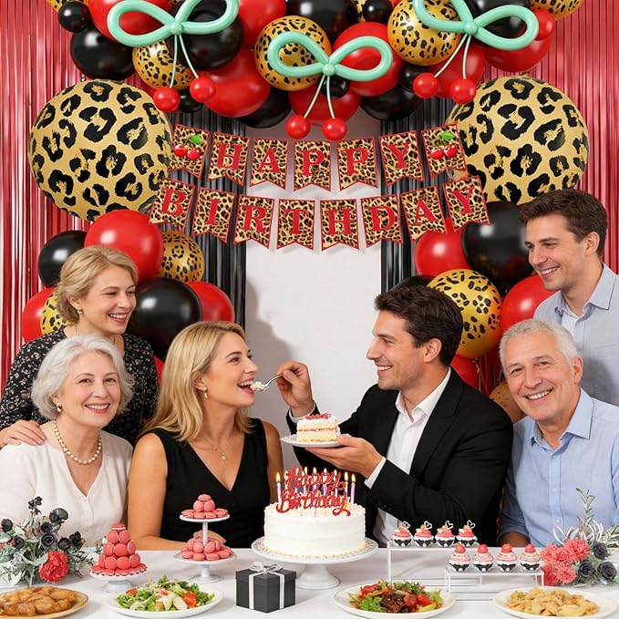 Red Cheetah and Cherry Birthday Decorations, Leopard Brithday Banner Red Black Cheetah Print Balloons Fringe Curtain Cake Toppers for Girls Women Birthday Bachelorette Party Decoration Supplies