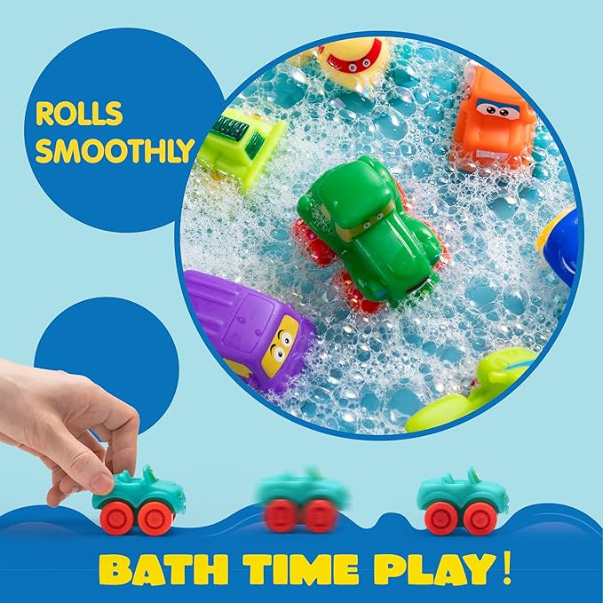 JOYIN Cartoon Cars, Soft Rubber Toy Car Set, Mini Vehicles, Bath Toy Car for Toddlers, Christmas Great Gift for Boys and Girls, Summer Beach and Pool Activity, Party Favors for Kids, Easter Basket