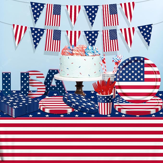 142Pcs American Flag Party Decorations Memorial Day 4th of July Patriotic Tableware Disposable Banner,Tablecloth,Plates,Napkins,Cups,Forks and Knives for Independence Day Party Supplies ,Serve 20