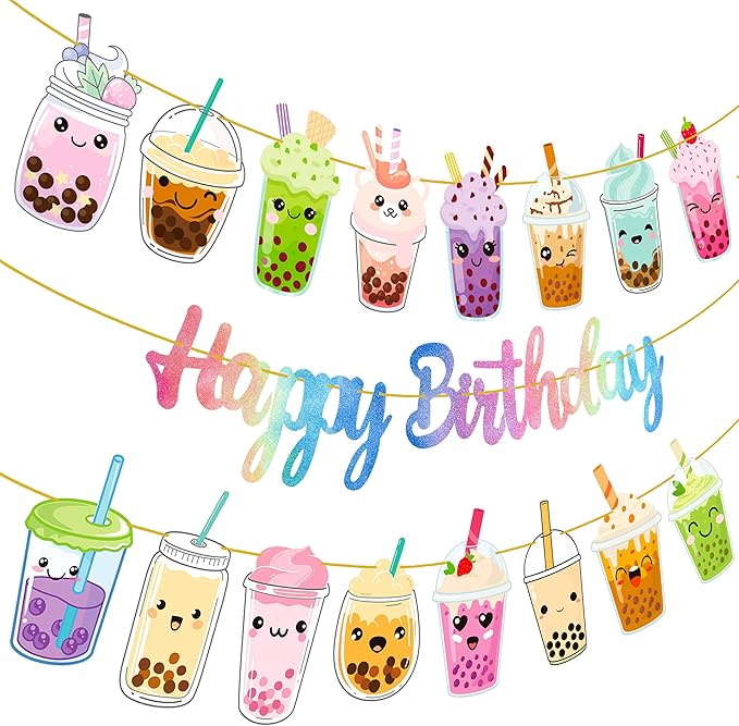 Bubble Tea Birthday Party Decoration Bubble Milk Tea Theme Colorful Happy Birthday Banners for Boba Theme Birthday Party Baby Shower Supplies