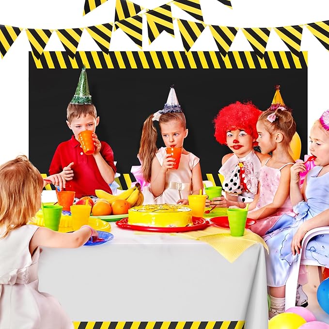 6 Pcs Construction Tablecloth Banner Birthday Party Supplies Decorations 4 Banners 2 Table Cloths Workplace Safety Decor Dump Truck Excavator Party Favors(White,Stripe)