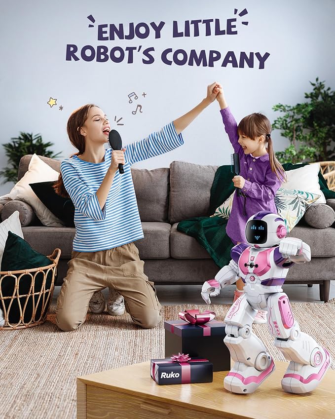 Ruko 6088 Dancing Robot for Girls with APP Control, Remote Control, Gesture Sensing Control, Interactive LED Faces, QA Games Rechargeable Programmable Robot Toys for 3 4 5 6 Years Kids, Pink Purple