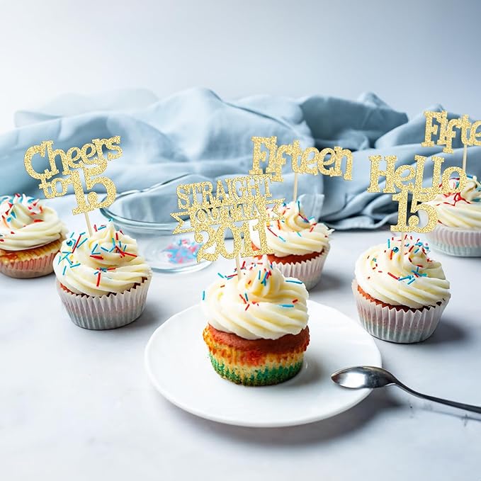 Ephlyn 24Pcs 15th Birthday Cupcake Toppers Glitter Straight Outta 2011 Cupcake Picks Hello 15 Cheers to 15 Years Cake Decorations for 15th Birthday Anniversary Party Decorations Supplies Gold
