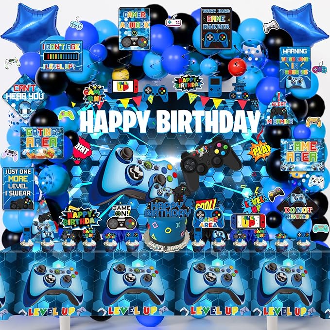 Video Game Birthday Party Decorations, 179Pcs Gamer Gaming Birthday Party Supplies Decor with Backdrop, Sticker, Balloons, Cake Toppers, Tablecloth, Centerpieces, Hanging Swirls, Wall Signs